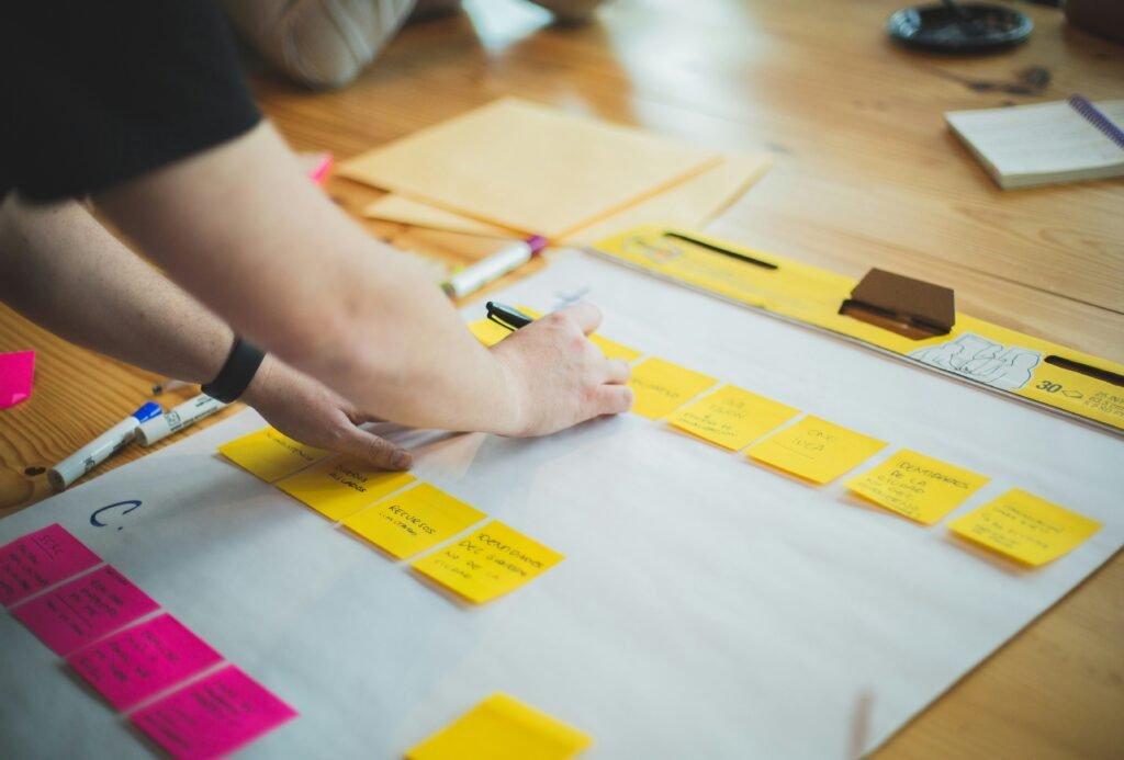 A wall covered in coloured sticky notes as a team works through ideas