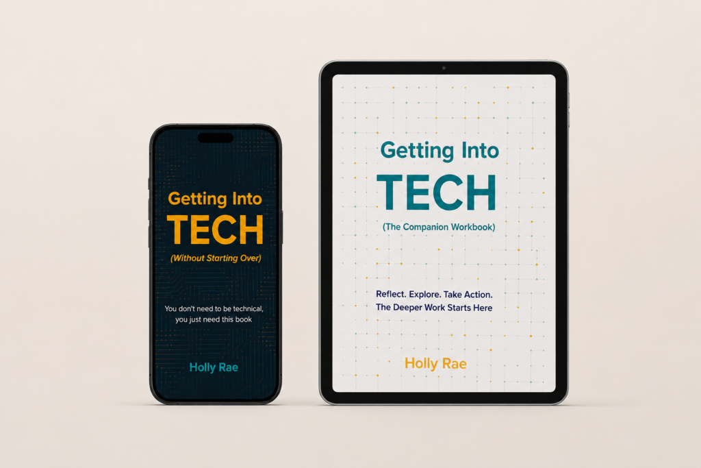 The book and workbook shown as ebooks on a phone and a tablet