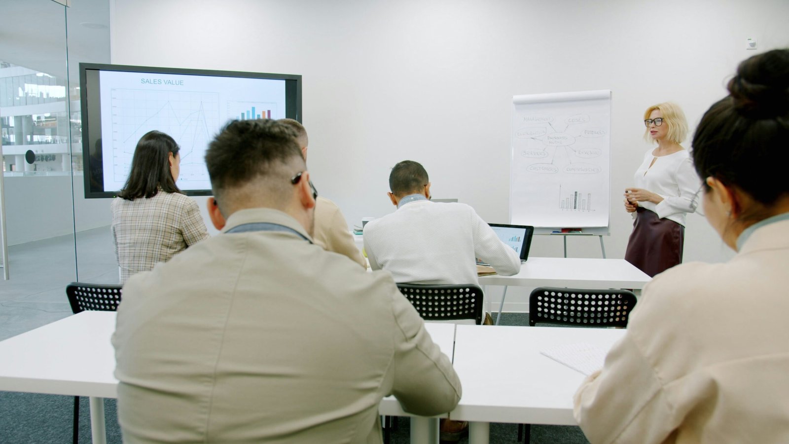 Woman presenting to three seated colleagues using a screen and flip chart